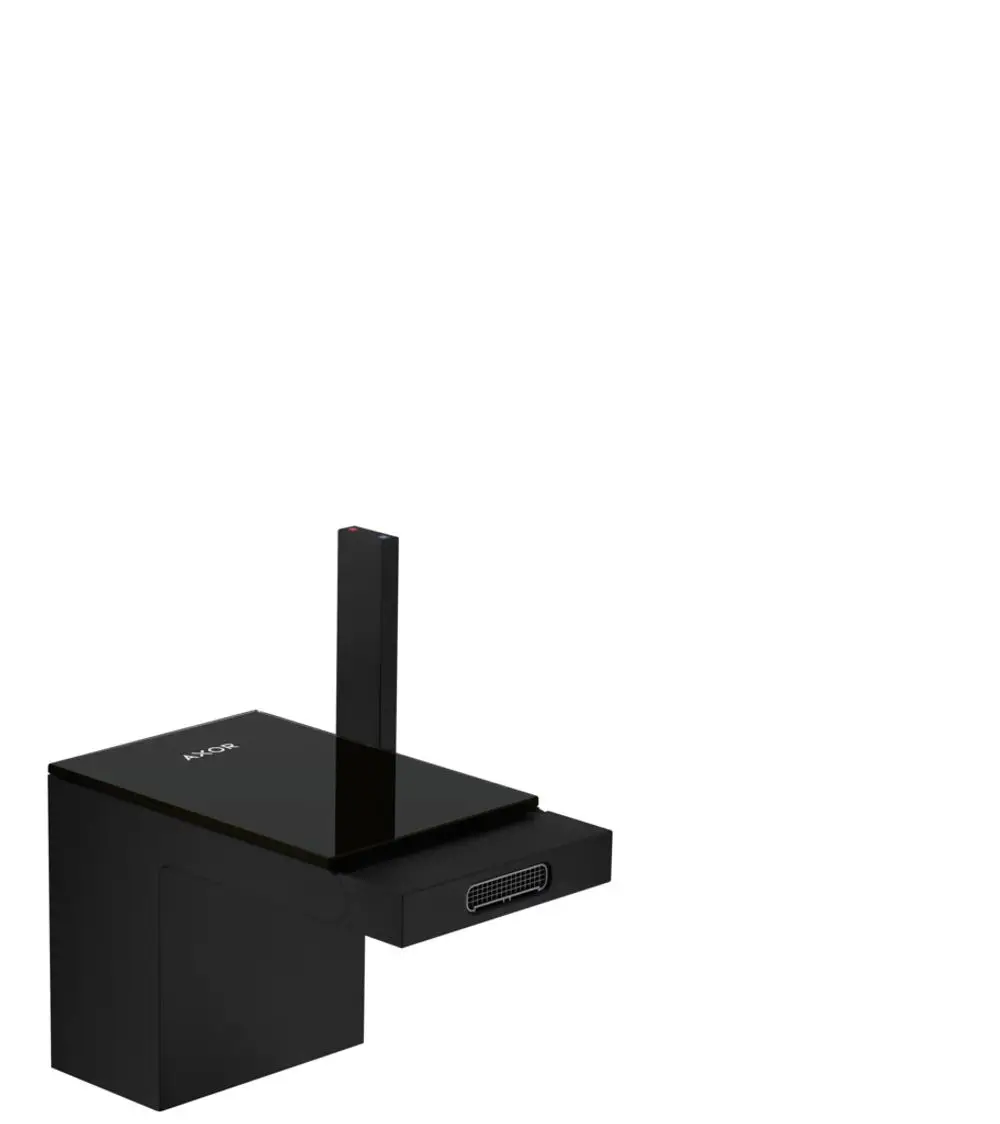 AXOR Bidetmischer in mattschwarz mit einem langen Bedienhebel und einem integrierten Push-Open Ablauf. Flache Oberfläche aus schwarzem Glas.